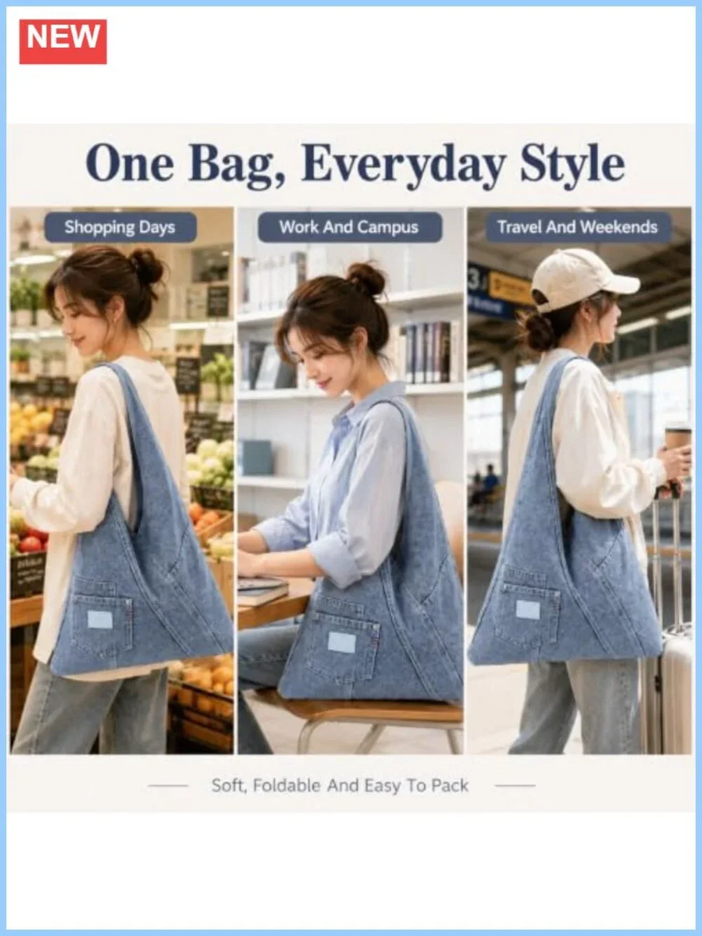 Large Retro Denim Shoulder Tote Bag for Women, Wide Strap